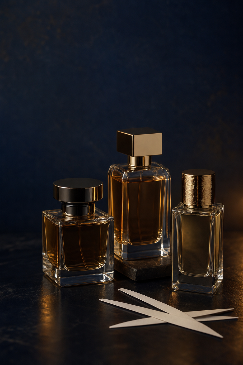 Frascos de perfume premium sobre fundo escuro